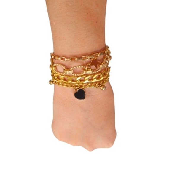 Gold-tone Multi-link Heart and Star Charm Layering Bracelet Set - Picture 1 of 8